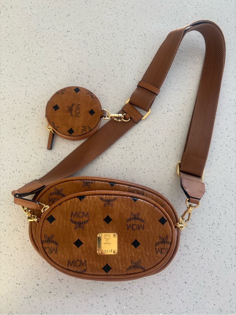 MCM Cognac Logo Visetos Oval Crossbody with Coin Pouch